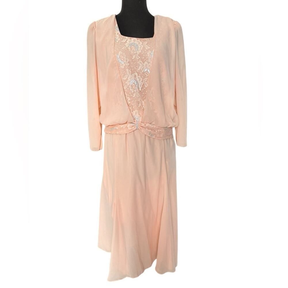 Vtg Blush Peach Drop Waist Chiffon Dress M Lace Bodice Long Sleeve Romantic Midi